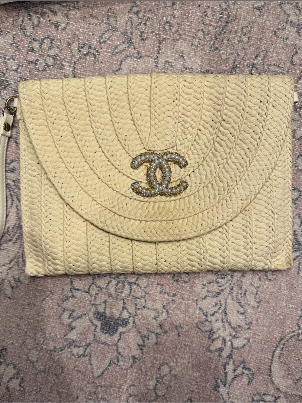 Hand made CC Cream Woven Wristlet Clutch with Crystal CC Emblem